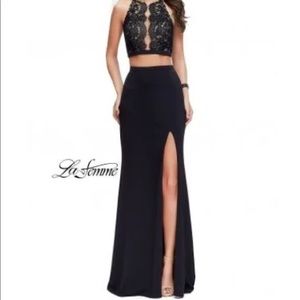 Two piece black prom dress. NWT. Brand is La Femme. Size 6